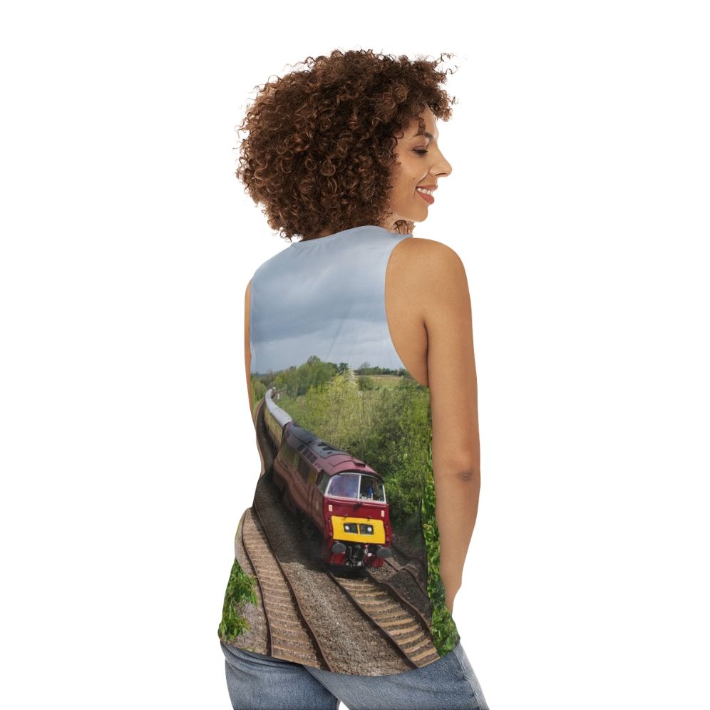 Unisex tank top with railway and western design - women back