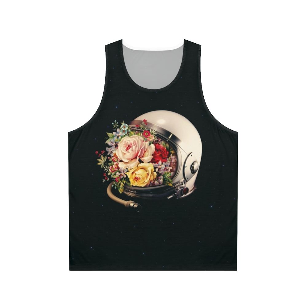 An astronaut in a space suit surrounded by flowers and stars on a cosmic, surreal tank top