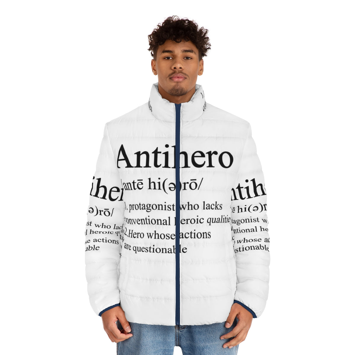 Antihero definition superhero puffer jacket with comic book inspired typography - men front