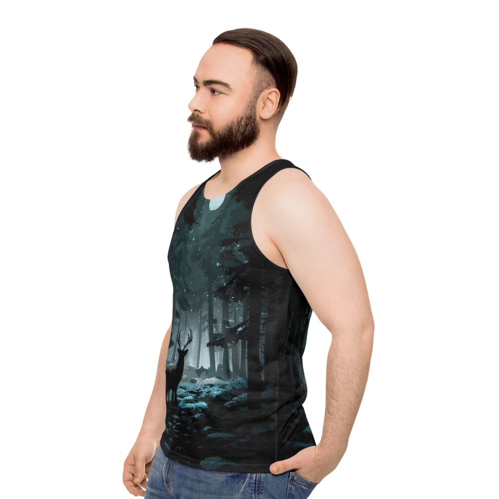 Unisex tank top featuring a winter woods landscape with a deer and the moon - men side