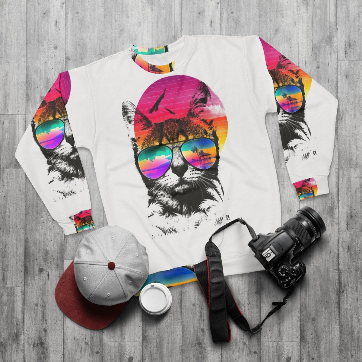 Summer Cat Sweatshirt with Cute and Funny Design - flat lay