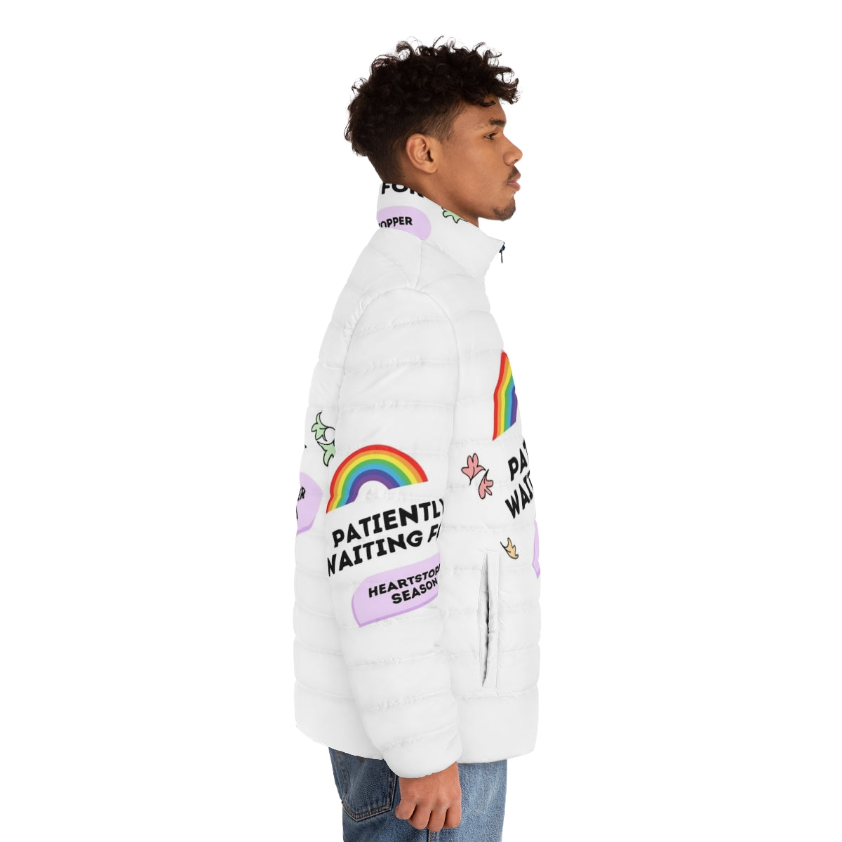 Heartstopper Season 3 Puffer Jacket featuring the beloved characters Nick and Charlie - men side right