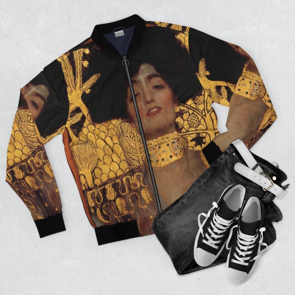 Bomber jacket featuring Gustav Klimt's iconic painting "Judith and the Head of Holofernes" - Flat lay