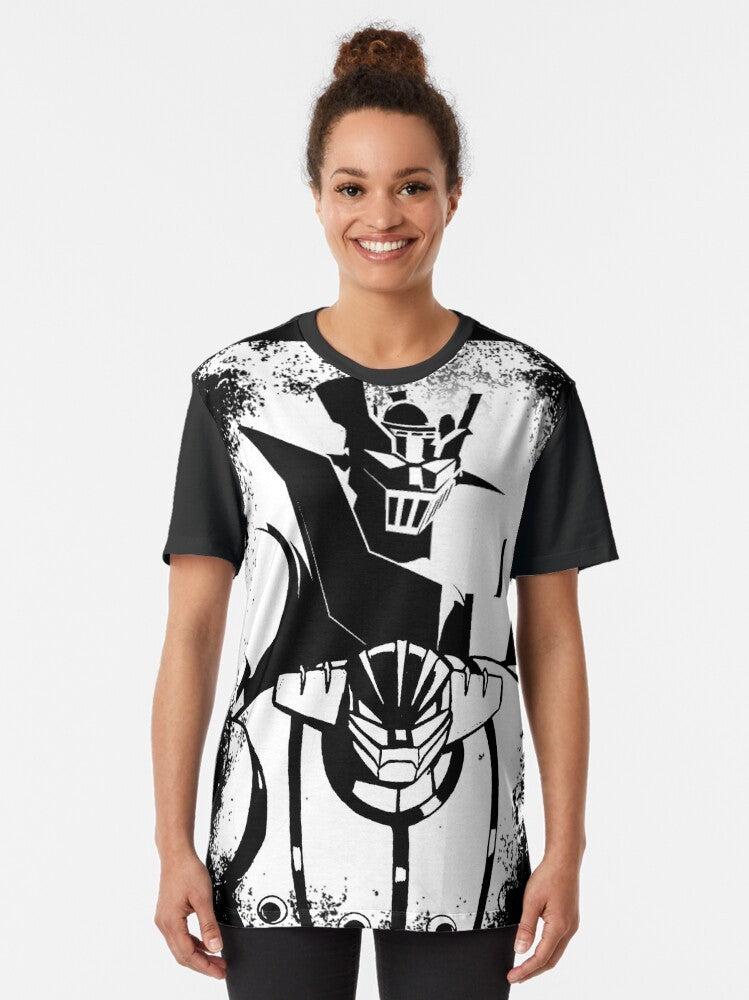 Heroes Never Die graphic t-shirt featuring a robot, anime-style mecha design - Women