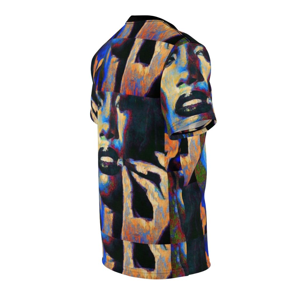 Graphic t-shirt featuring a colorful portrait illustration of music icon Grace Jones - men right