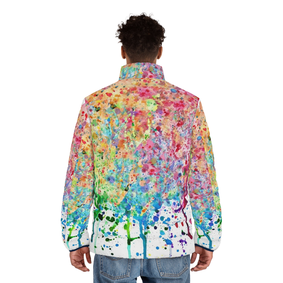 Colorful rainbow paint splatter puffer jacket - men back