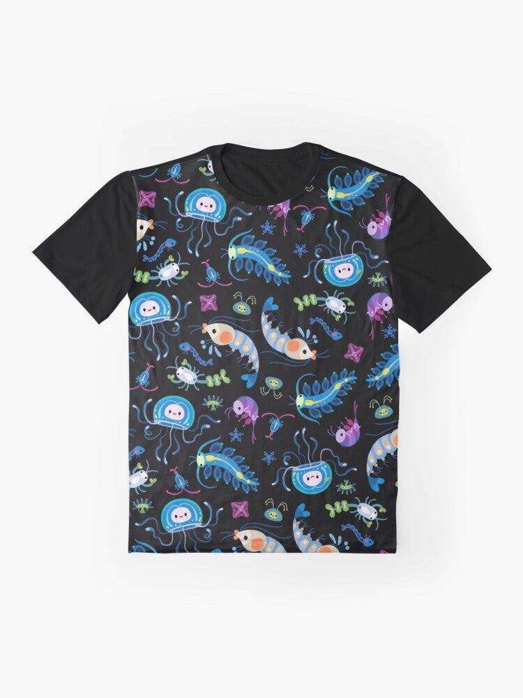 Graphic t-shirt featuring colorful illustrations of various zooplankton species, including krill, copepods, jellyfish, and more. - Flat lay