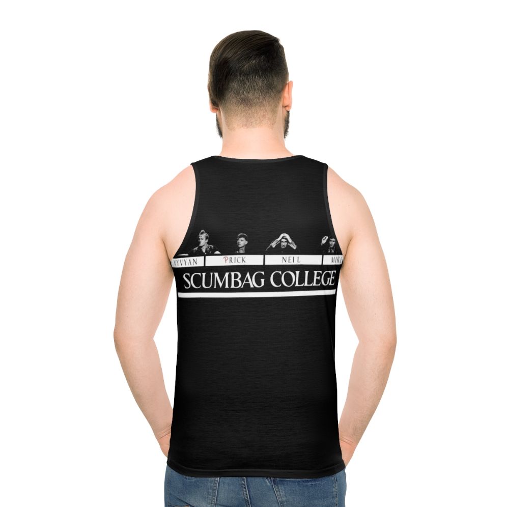 Unisex 1980s punk rock college lifestyle graphic tank top - men back