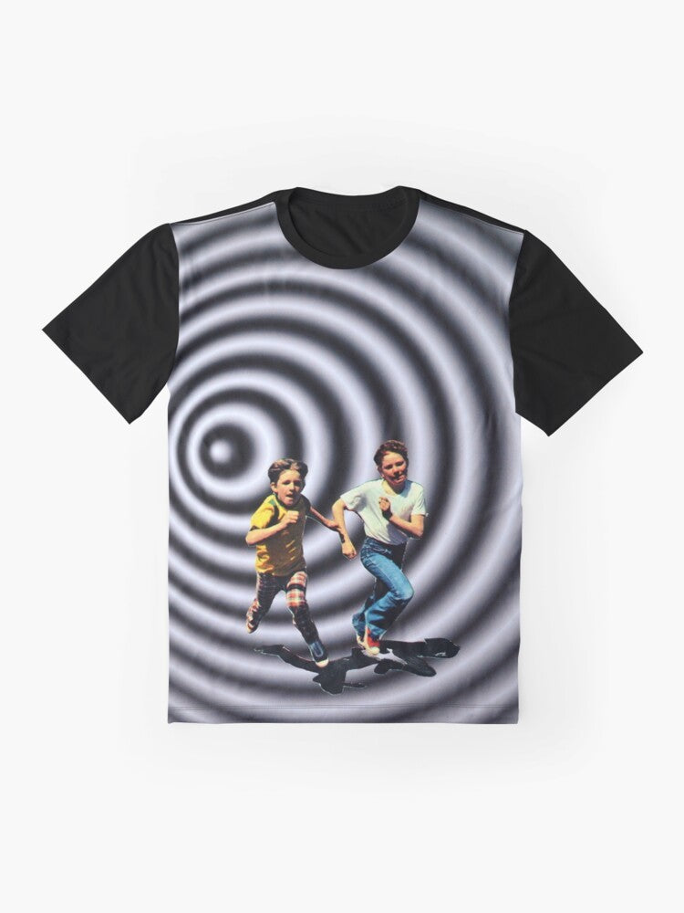 Trippy retro graphic t-shirt featuring a surreal, collaged Mindscape design - Flat lay