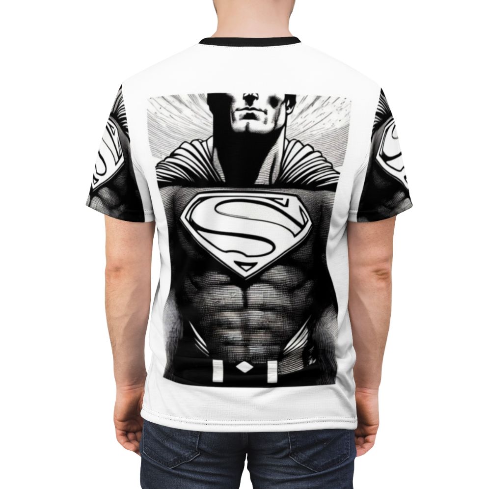 Colorful superhero-inspired t-shirt with a unique and stylized pattern. - men back