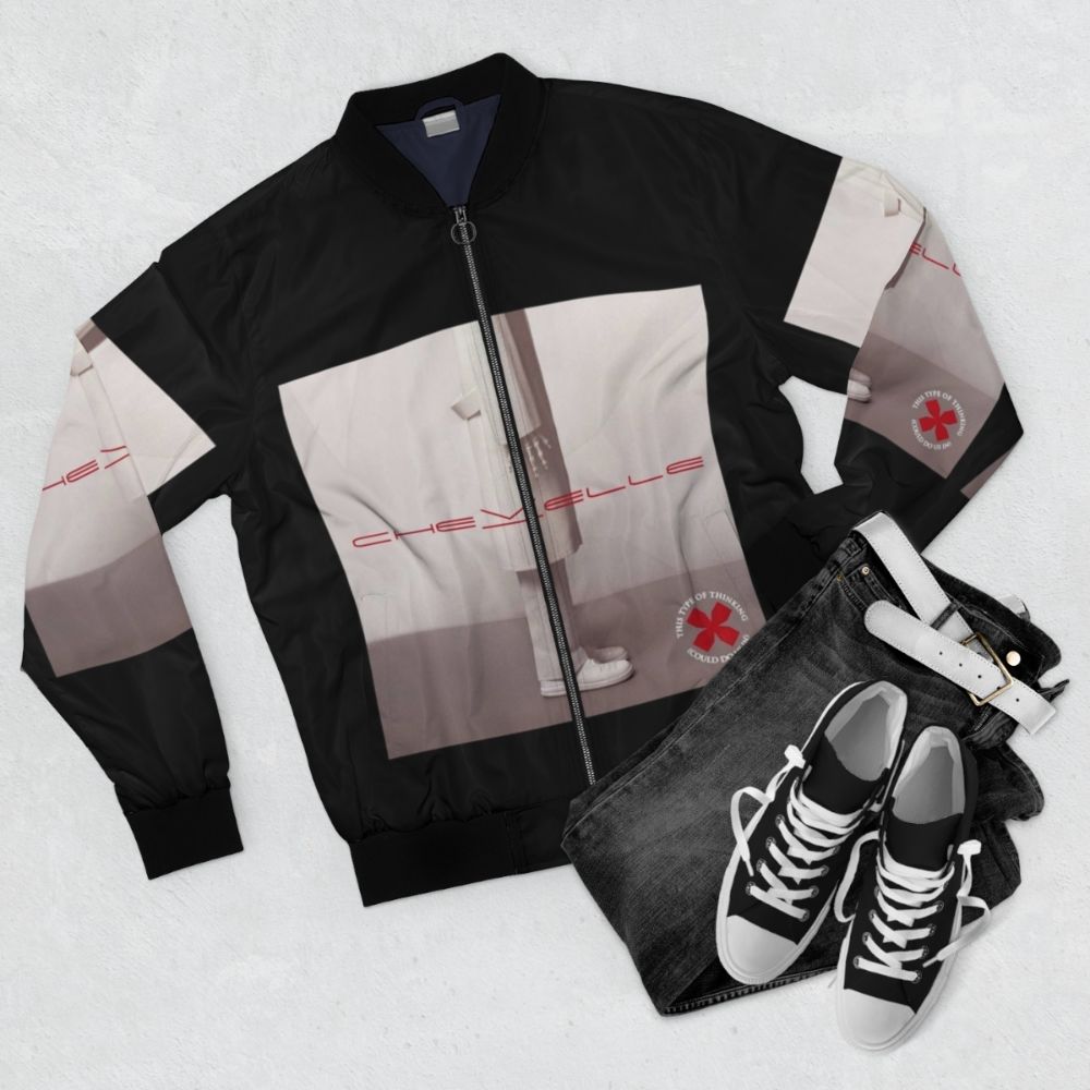 Chevelle "This Type of Thinking Could Do Us In" bomber jacket with band's logo and album artwork - Flat lay