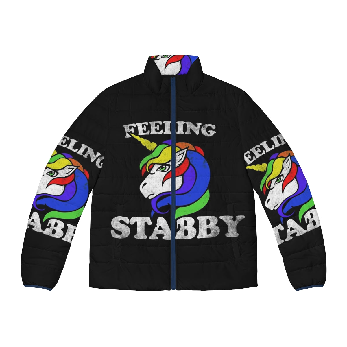 Colorful and whimsical "Feeling Stabby" unicorn puffer jacket