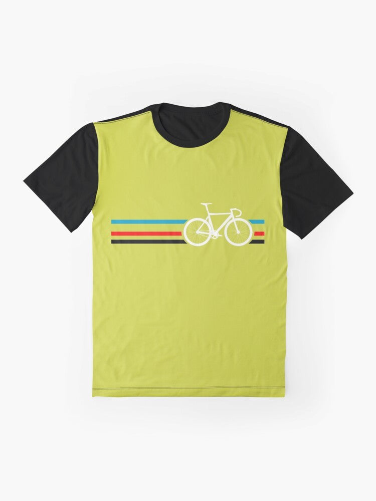 Retro bicycle velodrome graphic t-shirt with colorful stripes and pop art design - Flat lay