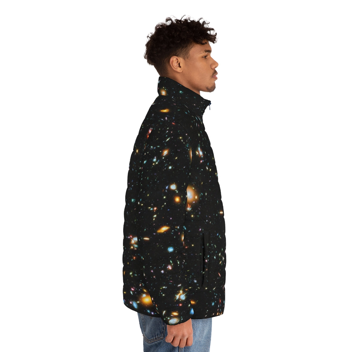 Hubble Extreme Deep Field inspired puffer jacket with star field design - men side right