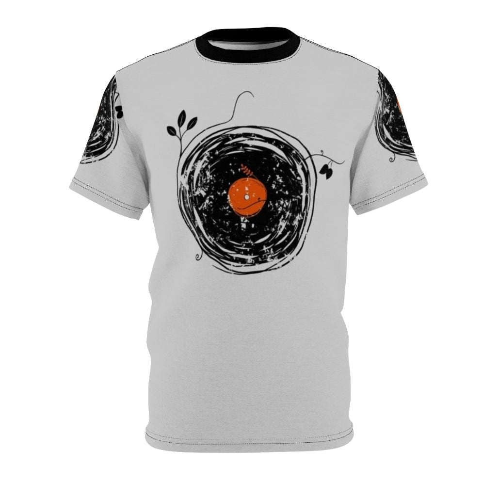 Vintage-style graphic t-shirt featuring a design of vinyl records in a retro, grunge aesthetic