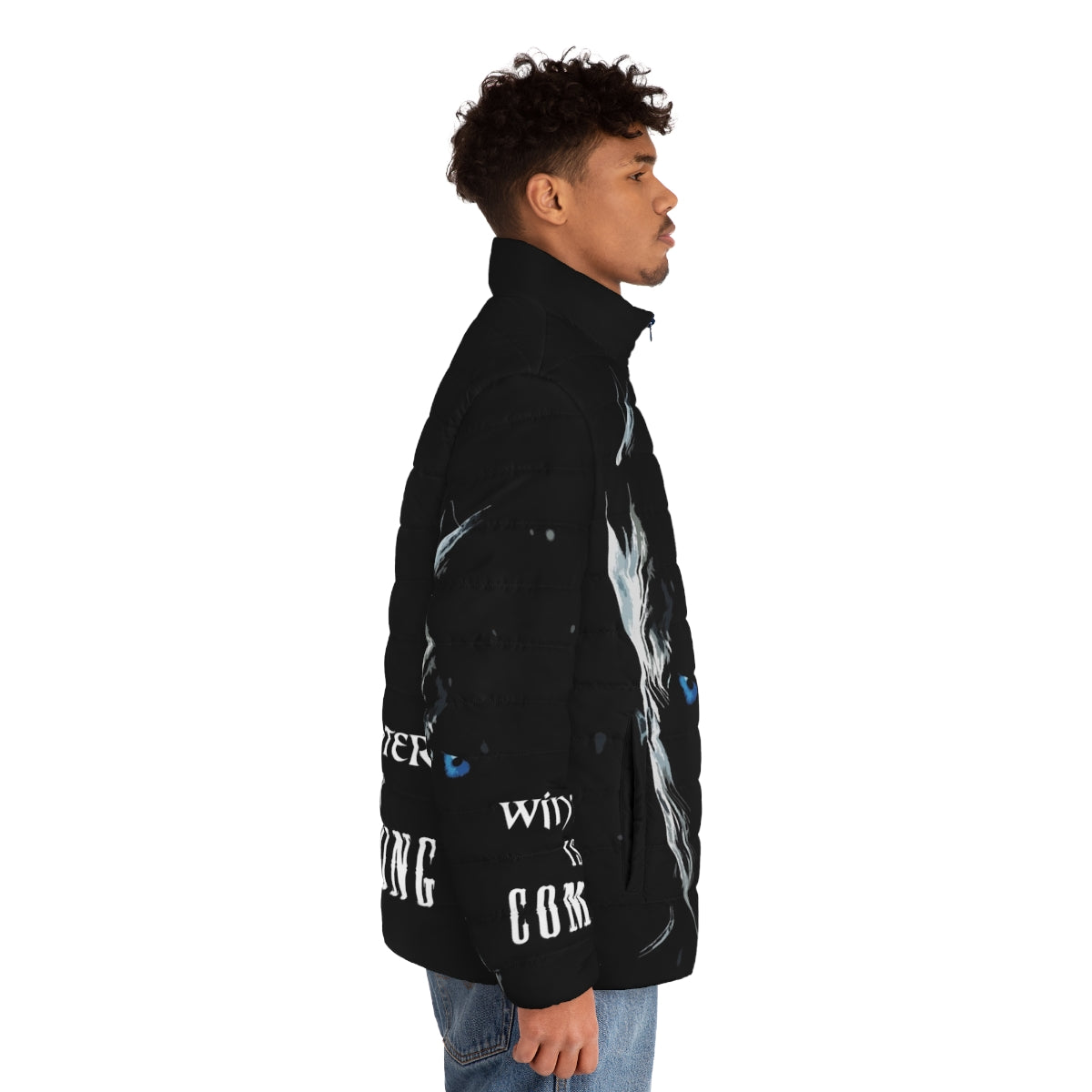 A warm and cozy puffer jacket with a "Winter Is Coming" design - men side right