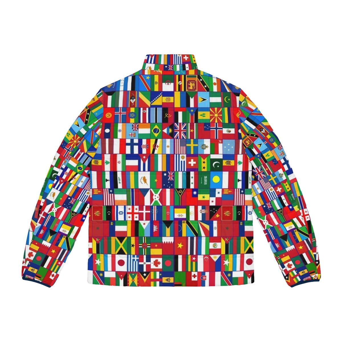 Flags of the World Puffer Jacket featuring colorful national flags from around the globe - Back