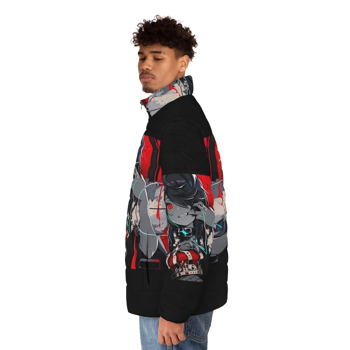 A vibrant puffer jacket featuring the iconic Vocaloid characters Kanaria, King, and Gumi - men side left