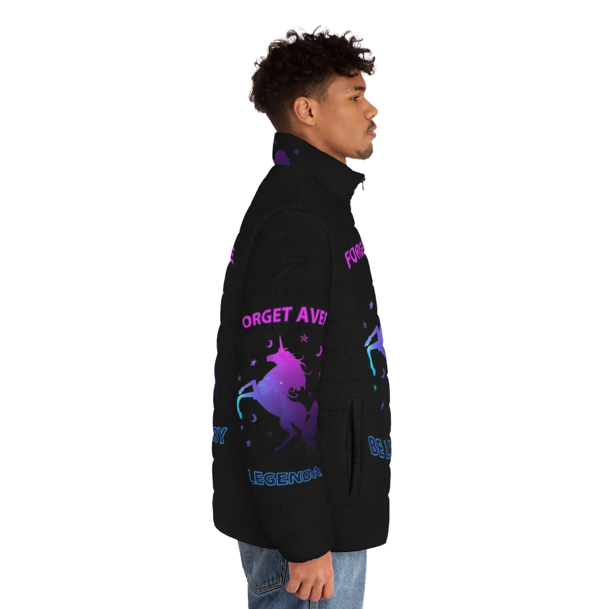 Legendary puffer jacket with unicorn and galaxy design - men side right