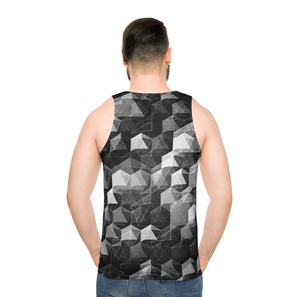 Monochrome geometric unisex tank top with abstract curtain falls design - men back