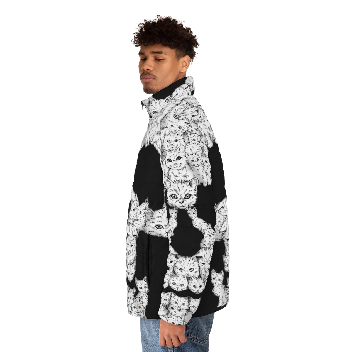 Puffer jacket with a bold graphic design featuring skulls, perfect for the brave cat enthusiast - men side left