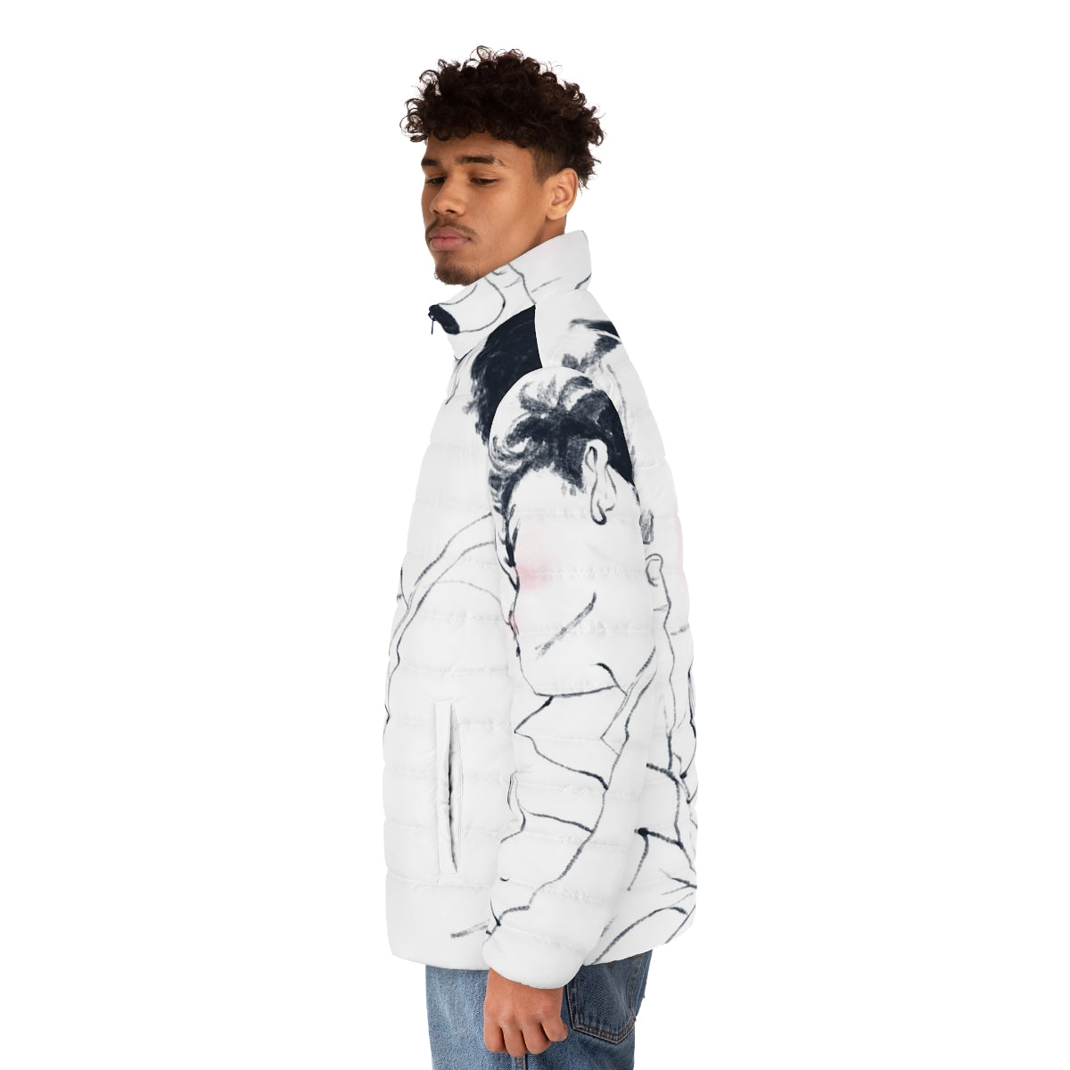 Heartstopper inspired puffer jacket featuring a kiss design - men side left