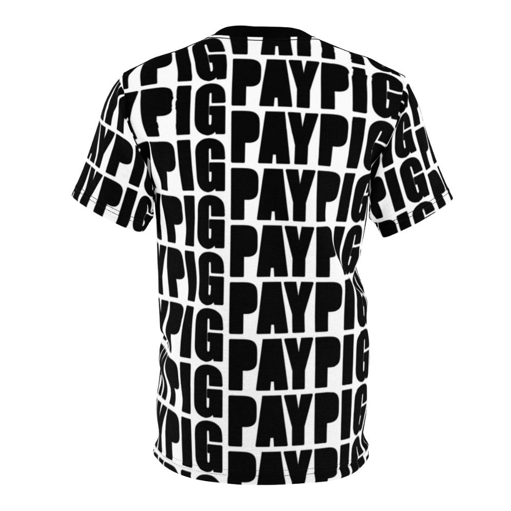 Paypig-inspired all-over print t-shirt featuring money fetish, findom, and finsub graphics - Back