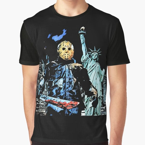 "Jason Takes Manhattan" graphic t-shirt featuring the iconic hockey mask and blood-spattered design from the Friday the 13th horror franchise