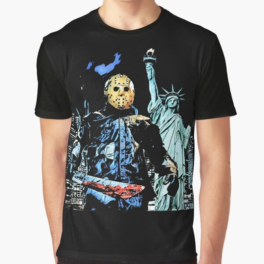 "Jason Takes Manhattan" graphic t-shirt featuring the iconic hockey mask and blood-spattered design from the Friday the 13th horror franchise