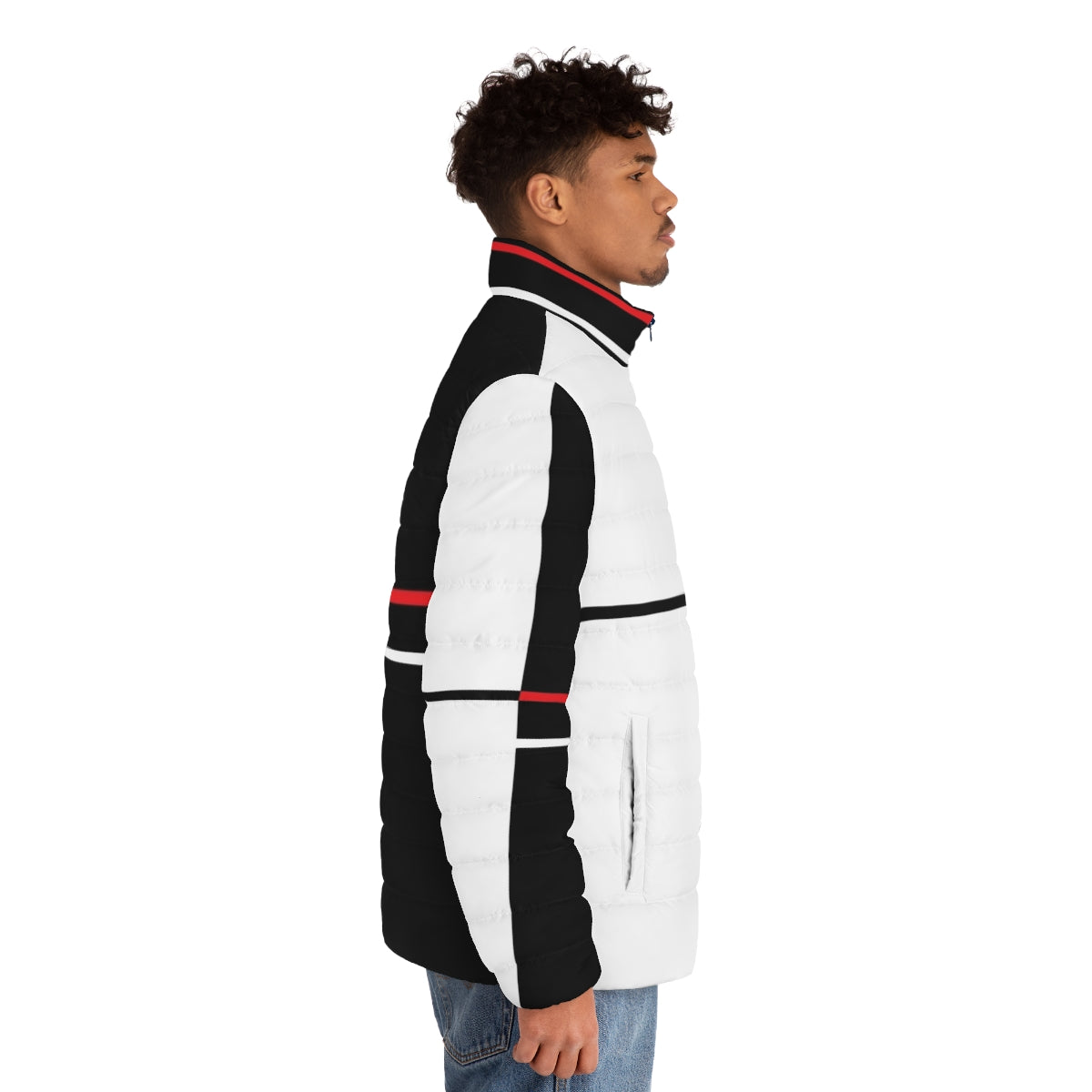 Monochrome minimalist puffer jacket with geometric abstract design inspired by Danganronpa video game - men side right