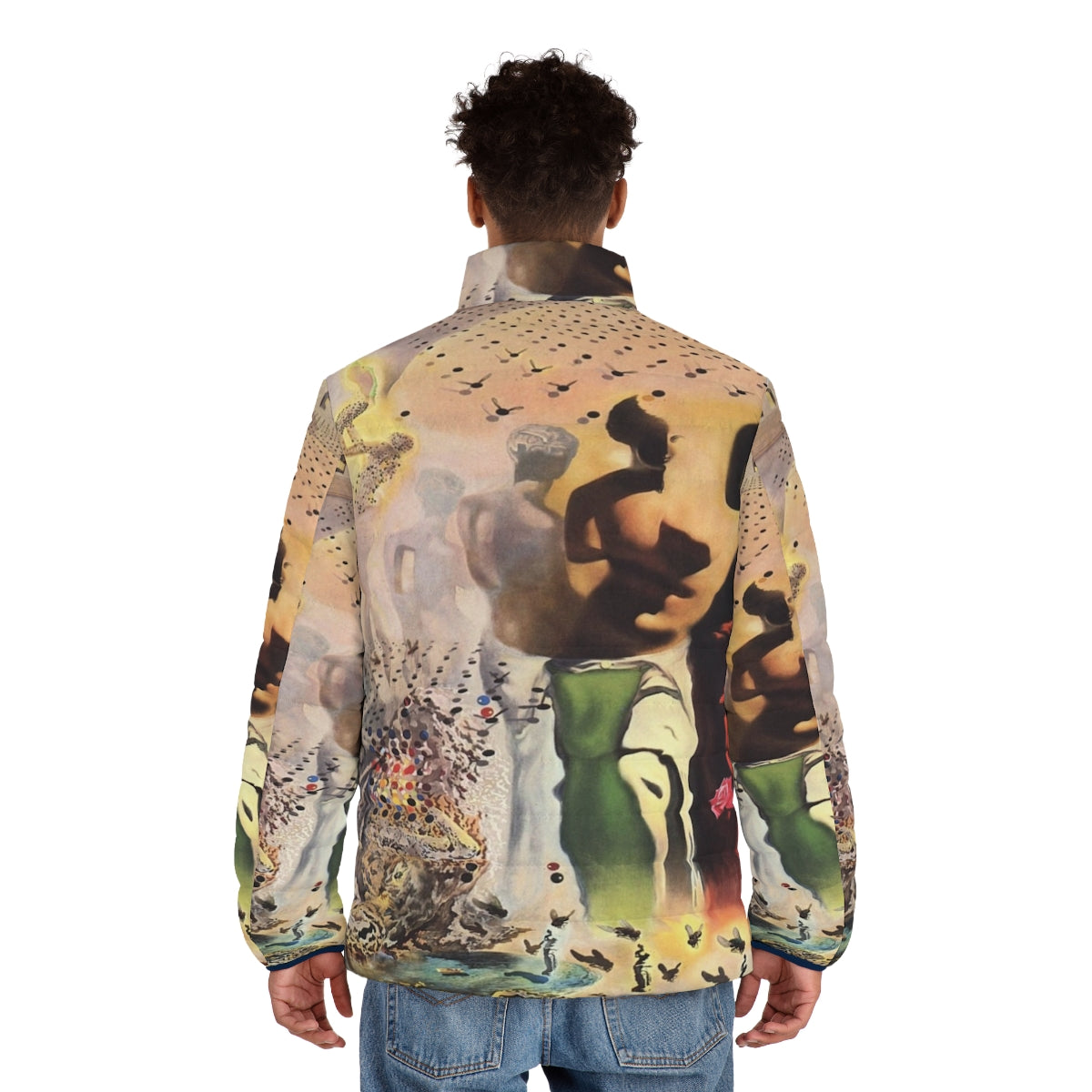 Salvador Dali's surrealist masterpiece "The Hallucinogenic Toreador" featured on a high-quality puffer jacket. - men back