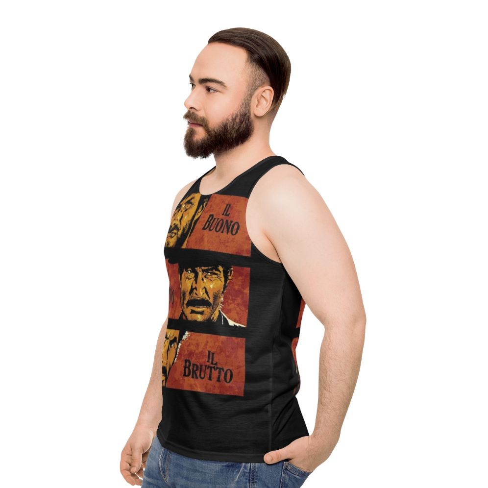 Unisex tank top featuring the iconic movie "The Good, The Bad and The Ugly" design - men side