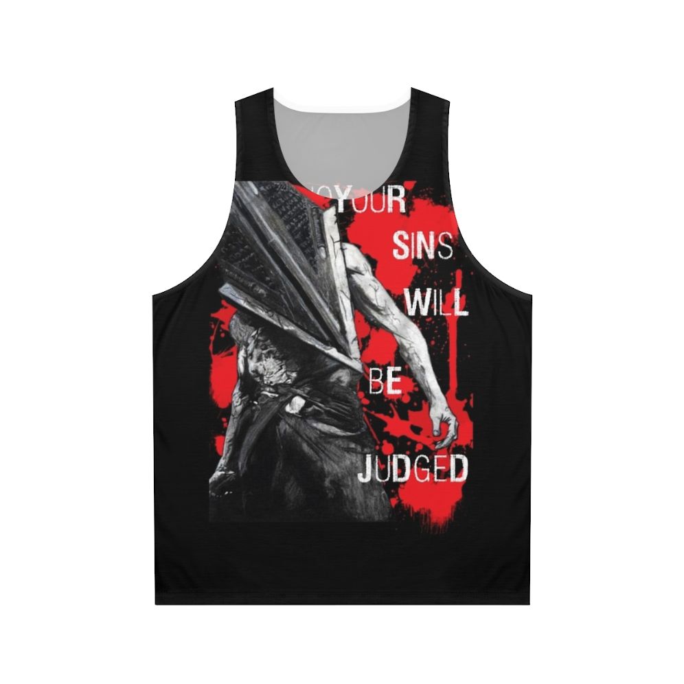 Horror themed unisex tank top with "Your Sins Will Be Judged Again" design