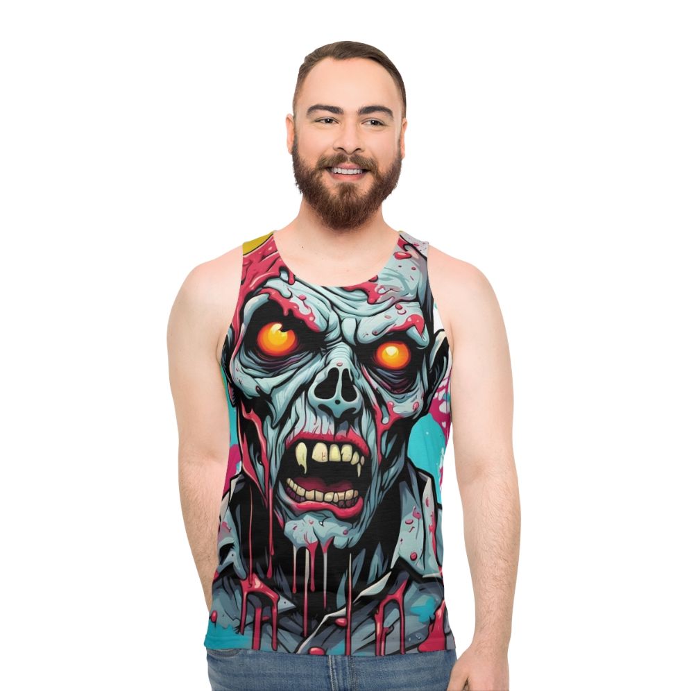 Zombie apocalypse unisex tank top with chaotic undeath paint drip - men