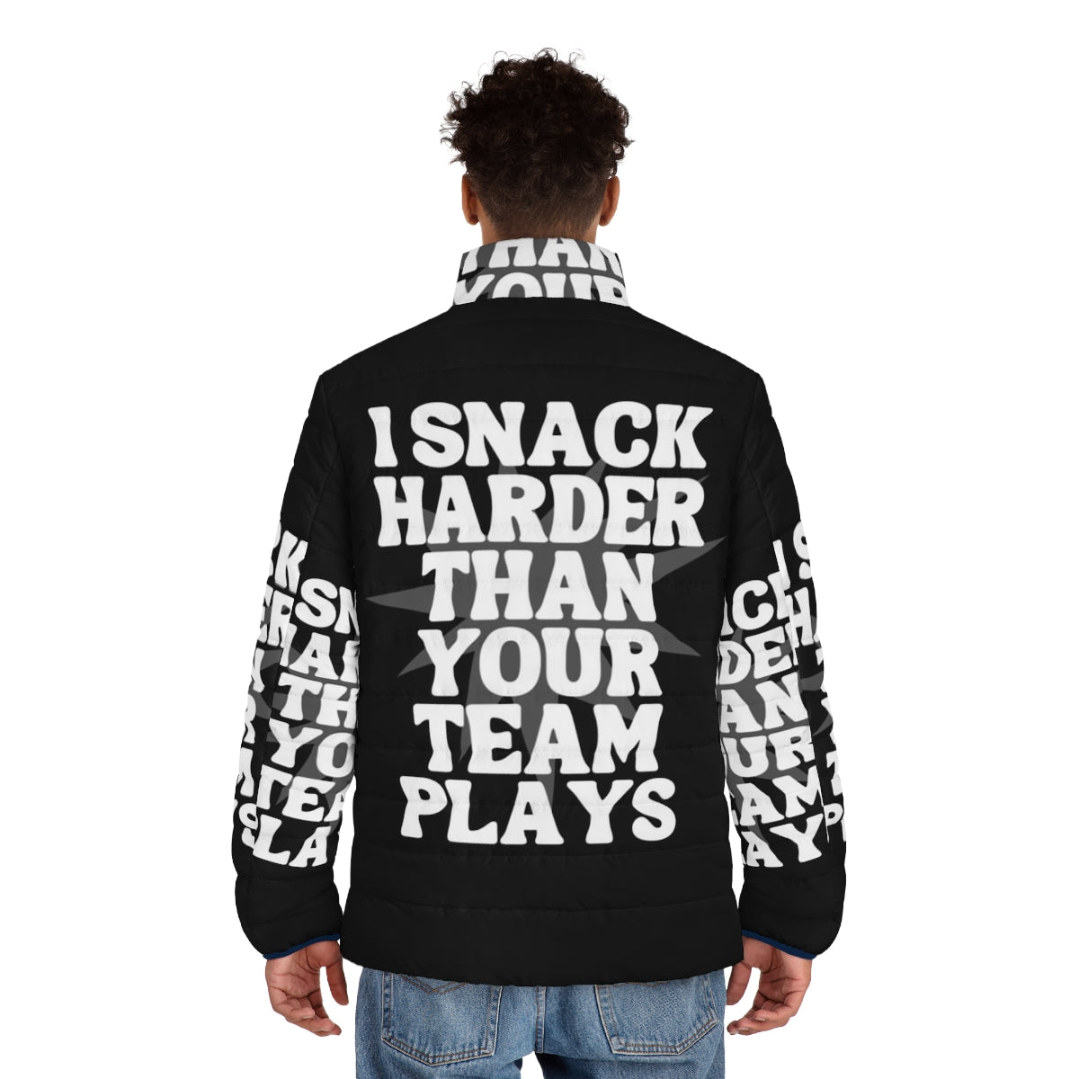 I Snack Harder Than Your Team Plays Puffer Jacket - Funny Sports-Themed Puffer Jacket - men back