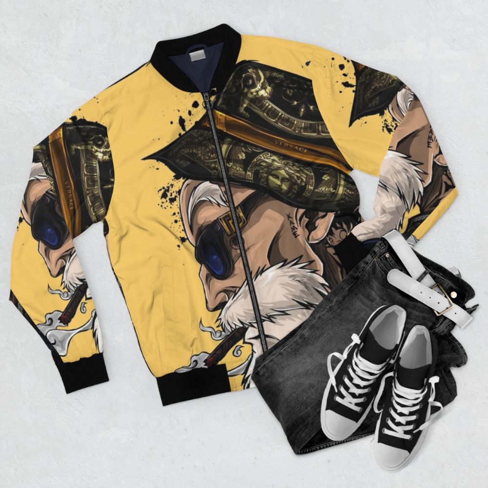 Master Roshi from Dragonball Z anime character graphic on a bomber jacket - Flat lay