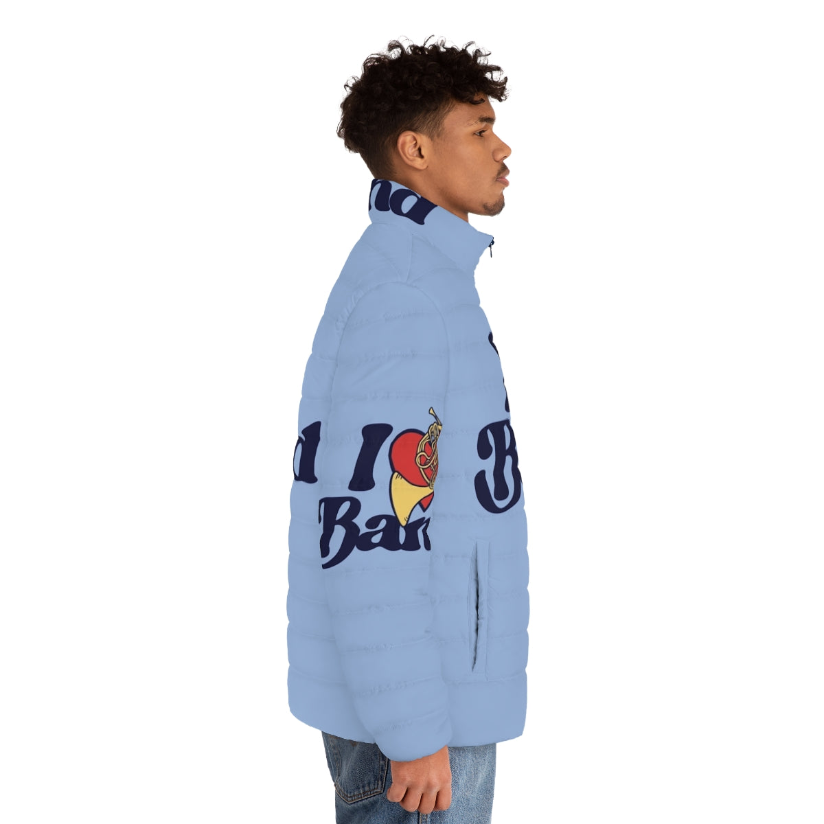 A cozy puffer jacket featuring the text "I Love Band" - men side right