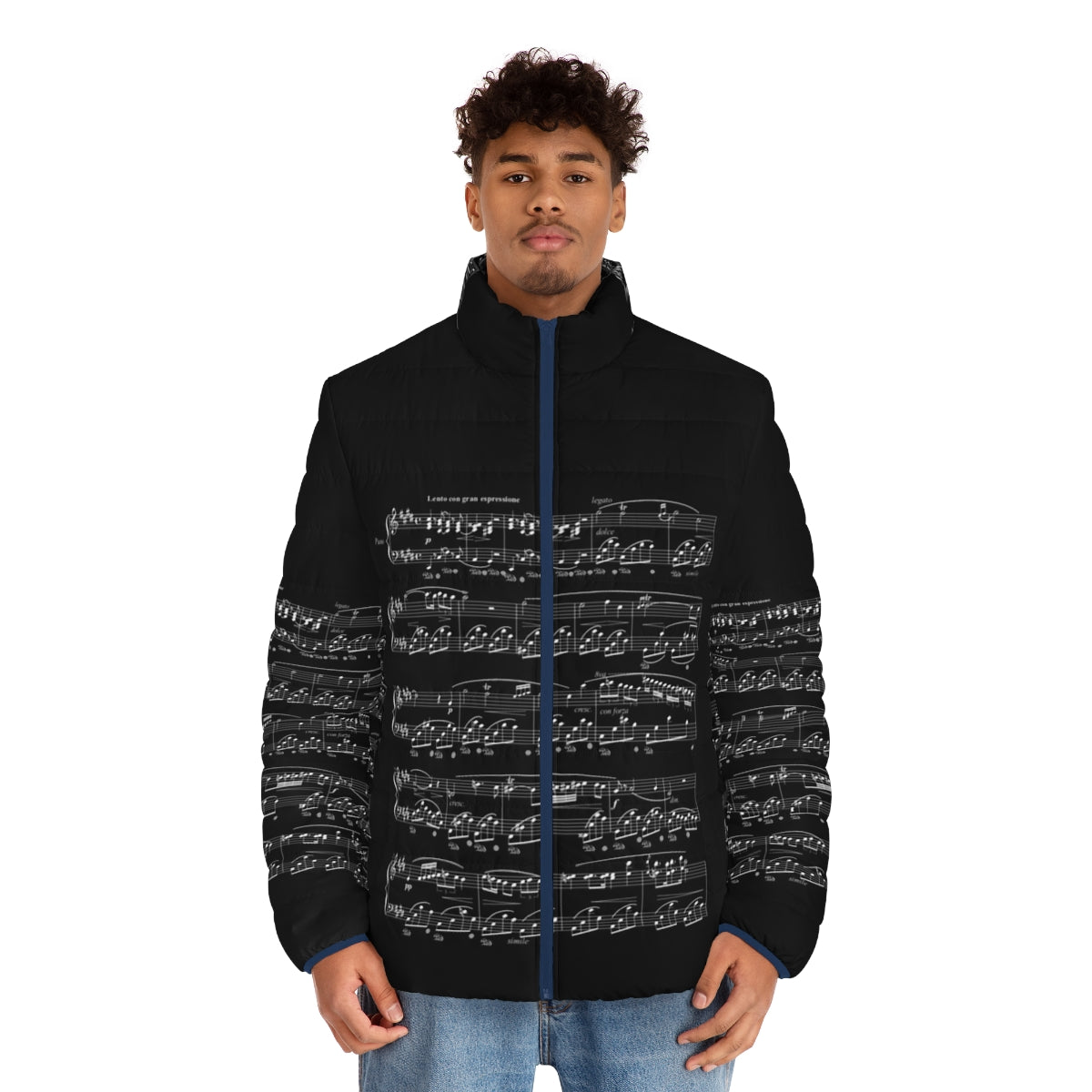 Puffer jacket with musical notes and Chopin Nocturne design - men front