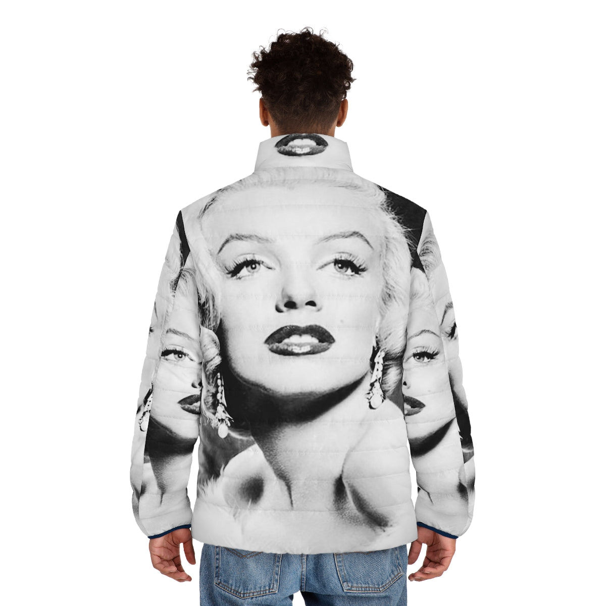 Vintage black and white portrait of Marilyn Monroe wearing a puffer jacket - men back