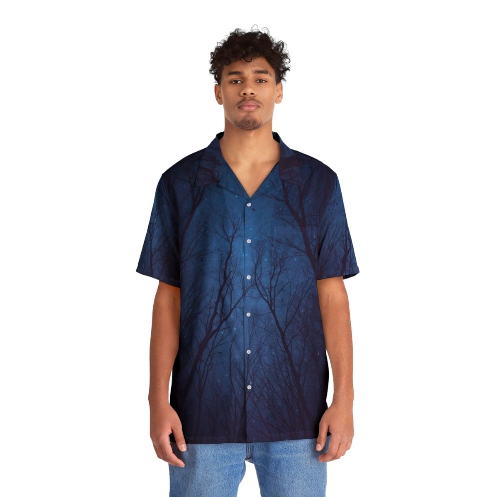 Indigo blue galaxy Hawaiian shirt with abstract tree branches and birds at night - People Front