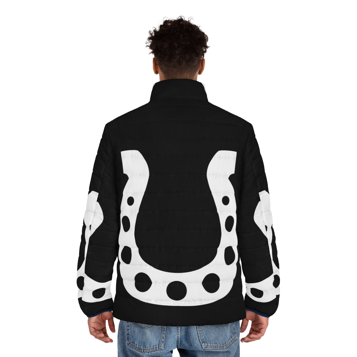 White puffer jacket with lucky horseshoe design - men back