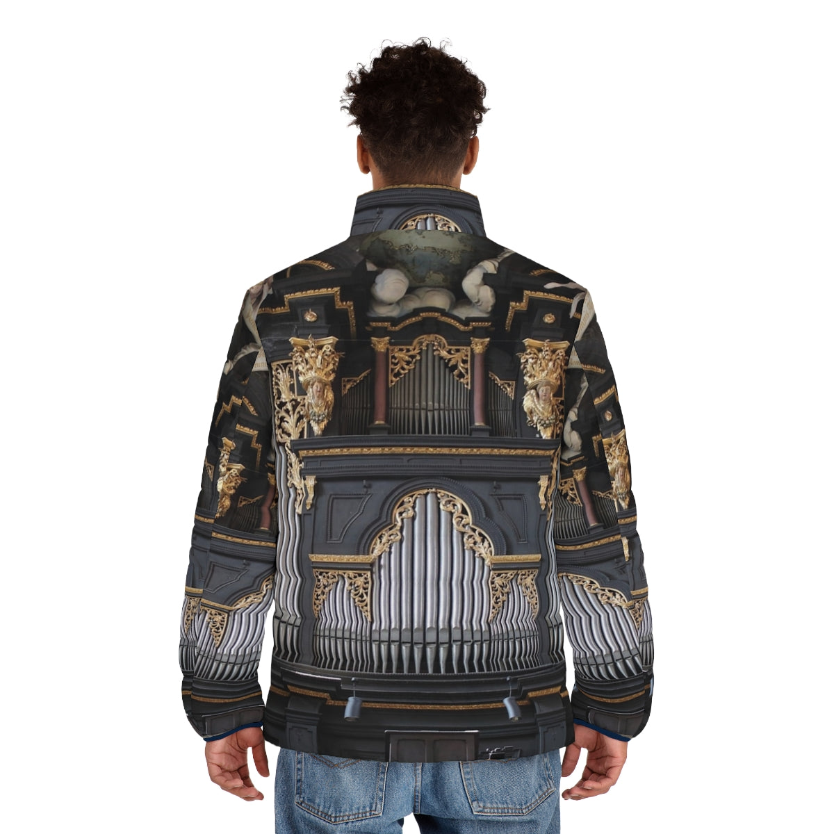 Puffer jacket featuring the iconic pipe organ of St. Emmeram Church in Regensburg, Germany - men back