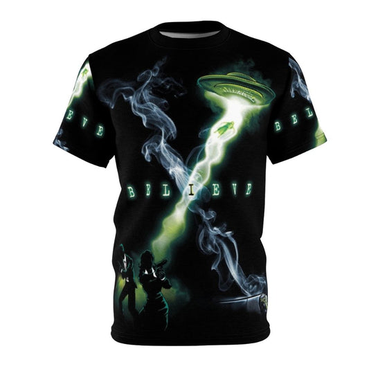 X-Files inspired t-shirt design featuring alien and UFO imagery