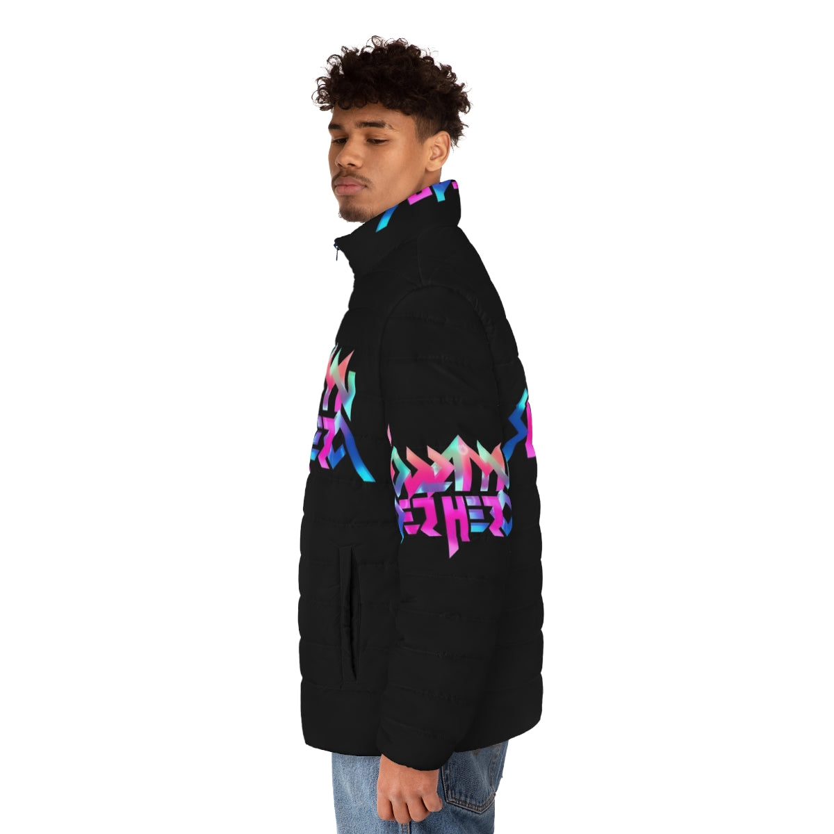 Suda 51 inspired Nmh3 Puffer Jacket, featuring a stylish and functional design for fans of the No More Heroes video game series. - men side left