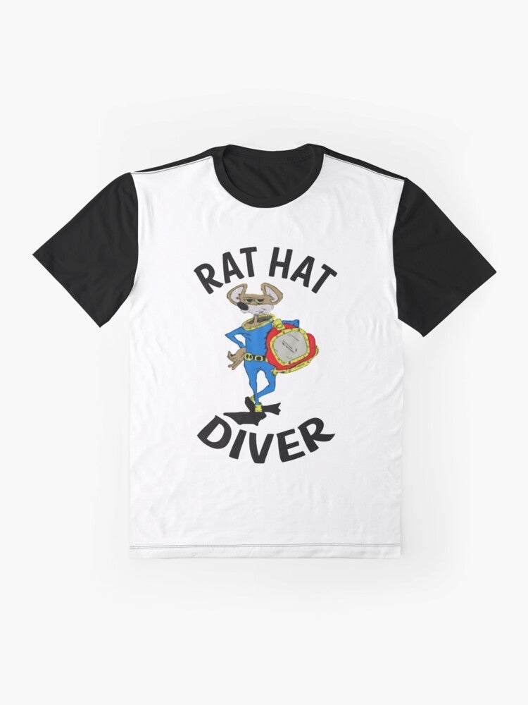 A vintage-style graphic t-shirt featuring a cartoon rat wearing a diving helmet while exploring the ocean. - Flat lay