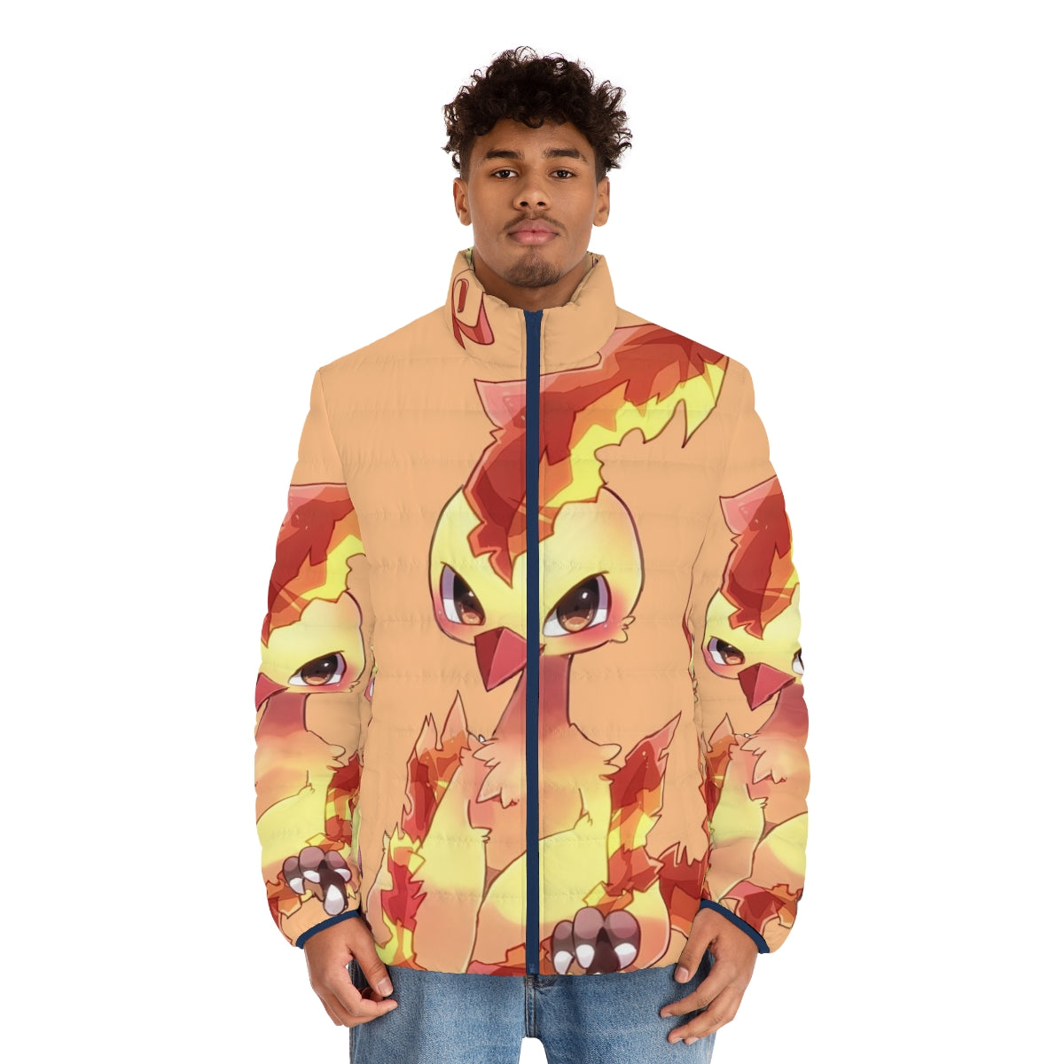 Cute phoenix legendary animal puffer jacket with fantasy bird design - men front