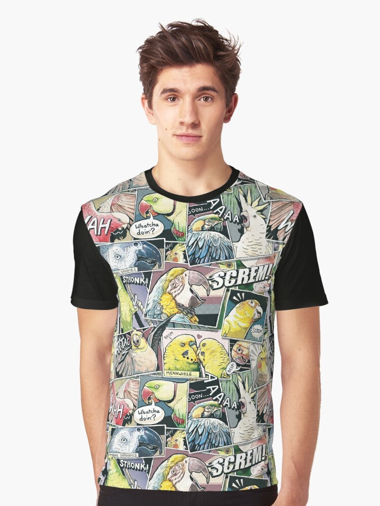 Colorful parrot graphic design on a t-shirt, featuring a comic-style illustration of a bird. - Men