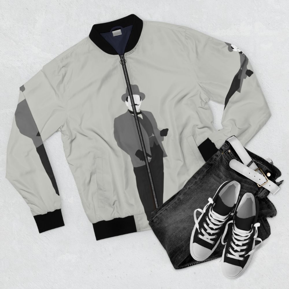 Hercule Poirot Detective Bomber Jacket with "Great Detectives" Design - Flat lay