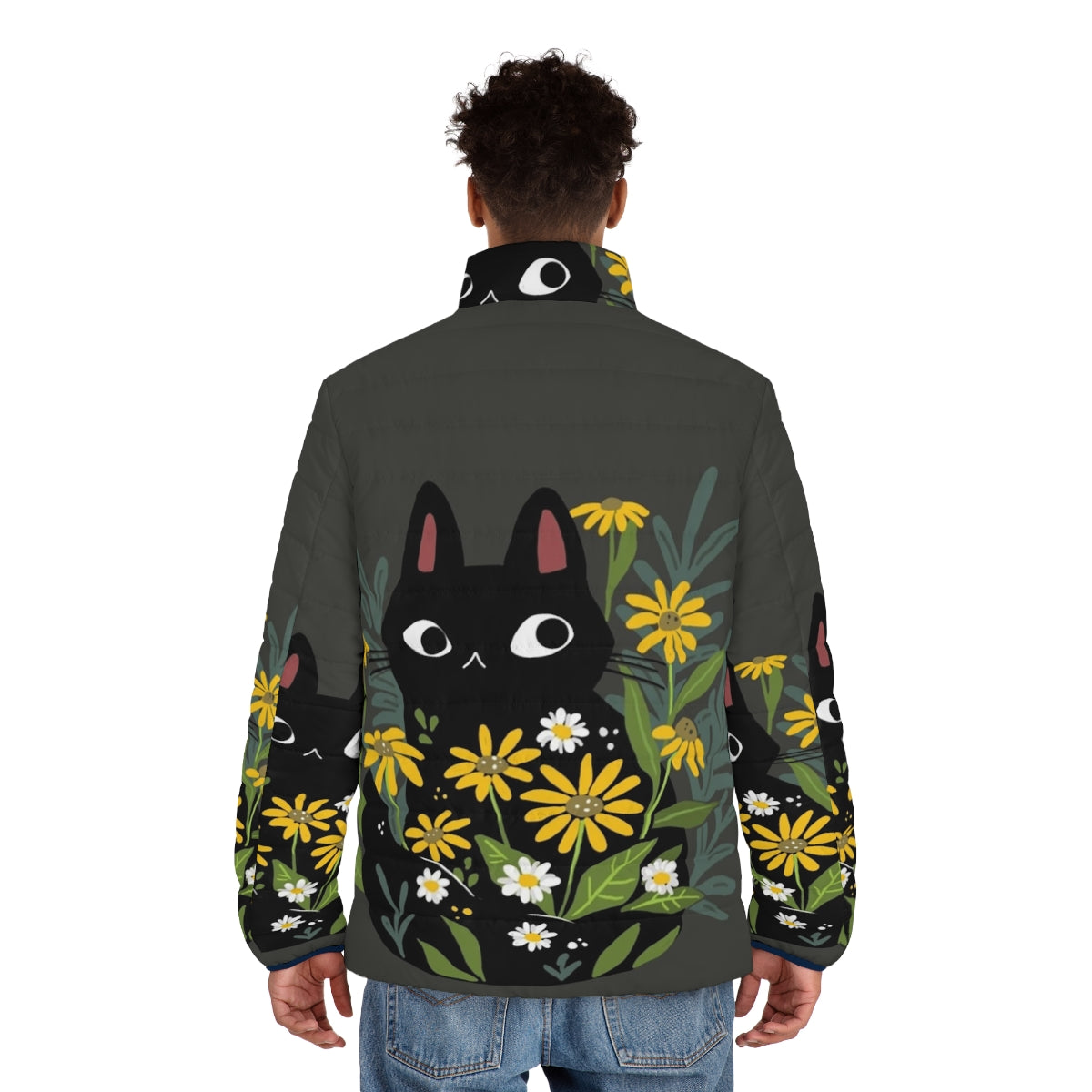 Black cat puffer jacket with colorful flowers - men back