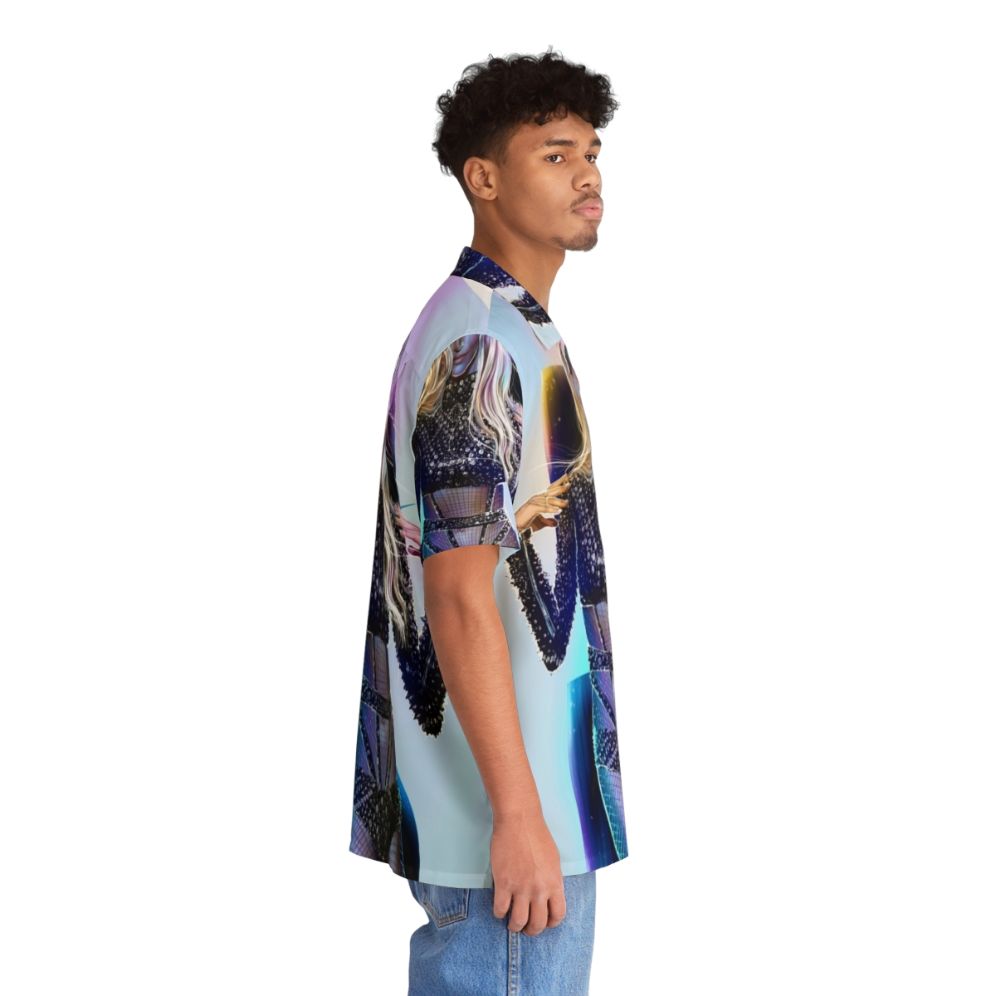 Model wearing a vibrant, music-themed Hawaiian shirt - People Pight